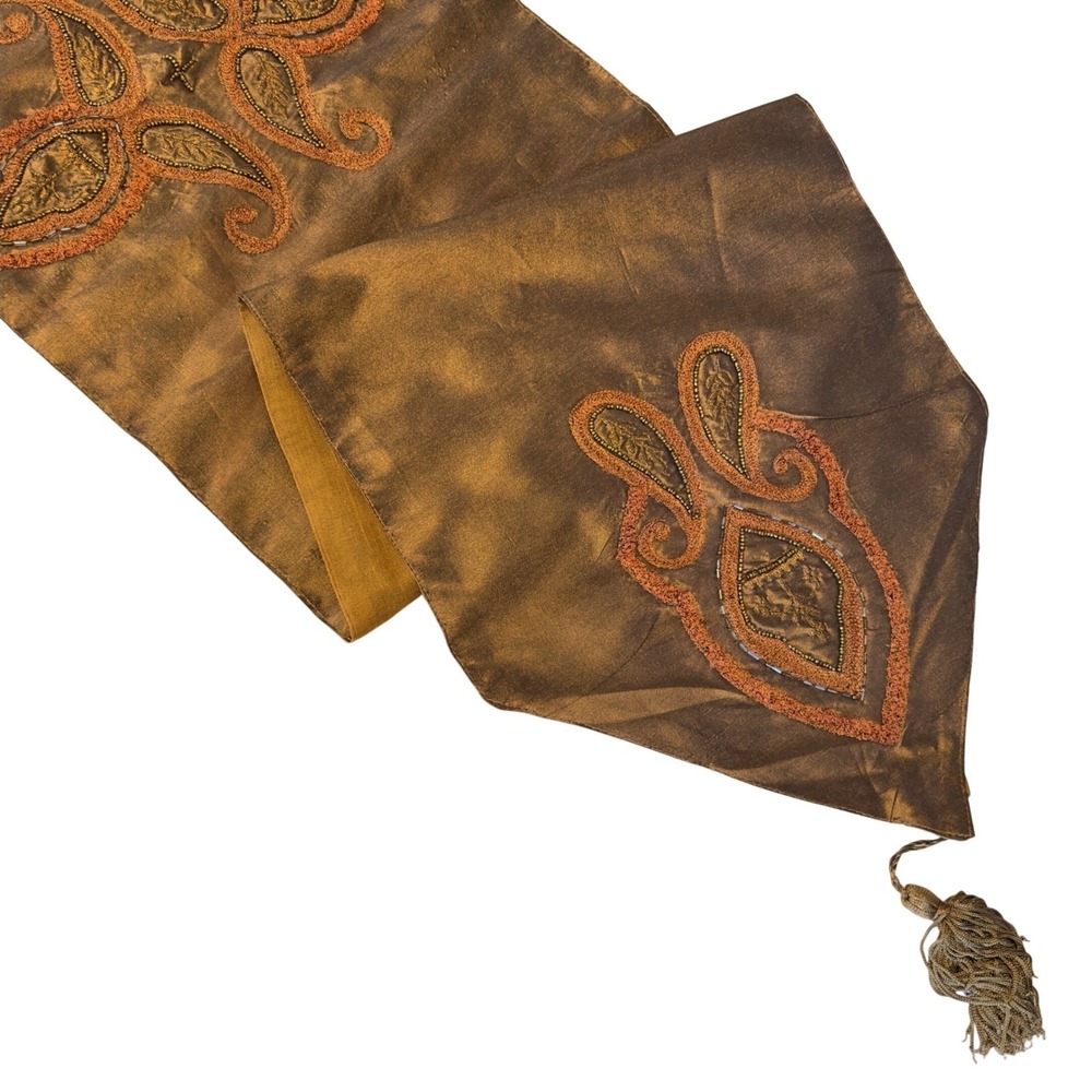 Bronze‎ Beaded Embroidered Table Runner Paisley Copper Tassels India 72x12.5